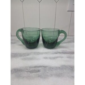 Forest‎ Green Blown Glass Mugs, Set of 2, Mid-Century Style, Art Glass Drinkware